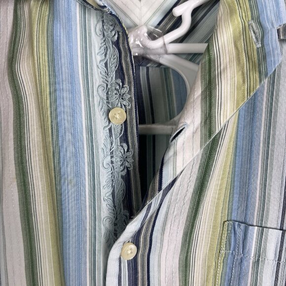 Tommy Bahama Men’s Large Green Blue Striped‎ Button Up Long Sleeve 100% Tencil - Picture 3 of 10